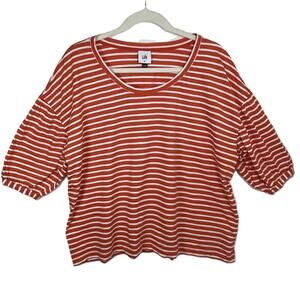 Cabi M Orange White Breton Stripe Cotton Shirt Puff Elbow Sleeve Nautical Preppy